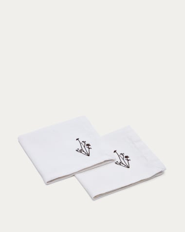 Σετ 2 πετσέτες Mada, λινό και βαμβάκι, λευκό με καφέ κέντημα λουλουδιών