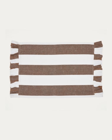 Set Maura 2 manteles individuales algodón y lino rayas blanco y marrón volantes laterales