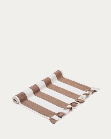 Camino de mesa Maura de algodón y lino rayas blanco y marrón con volantes laterales 50 x 150 cm