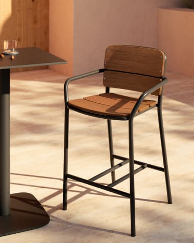 Tabouret Algueret en bois d'eucalyptus, finition naturelle et aluminium noir 65 cm FSC 100 %