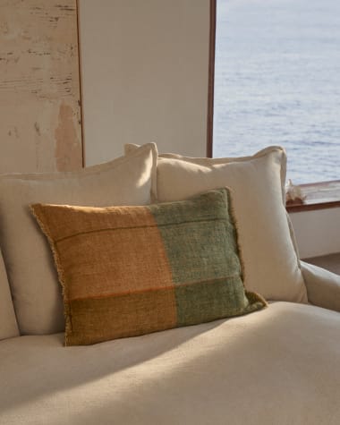 Sanna green and orange checked cushion cover, 100%  linen, 30 x 50 cm