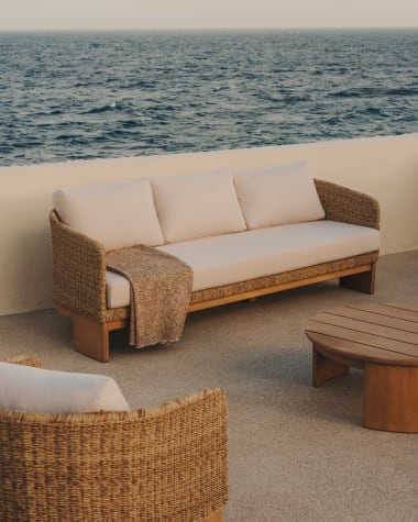 Xoriguer 3-seater sofa in synthetic rattan and 100% FSC solid eucalyptus wood, 223 cm