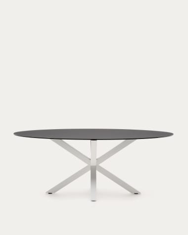 Tavolo ovale Argo di vetro nero opaco e gambe in acciaio con finitura bianca Ø 200 x 100 c