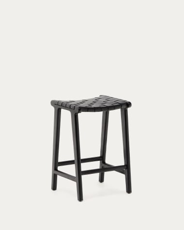 Calixta stool in leather and solid mahogany wood with black finish, 67 cm height