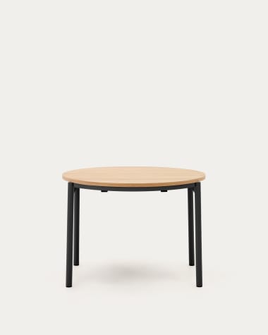 Uitschuifbare ronde tafel Montuiri van eikenfineer met zwart afgewerkte stalen poten Ø90(130) cm