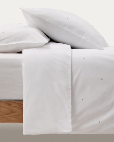 Witte set dekbedovertrek en kussenslopen Sontag van percale katoen met ingeweven accenten voor een bed van 150 cm