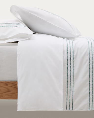 Witte set dekbedovertrek en kussenslopen Saigan van 180-draads, 100% percale katoen met ingeweven strepen voor een bed van 180 cm