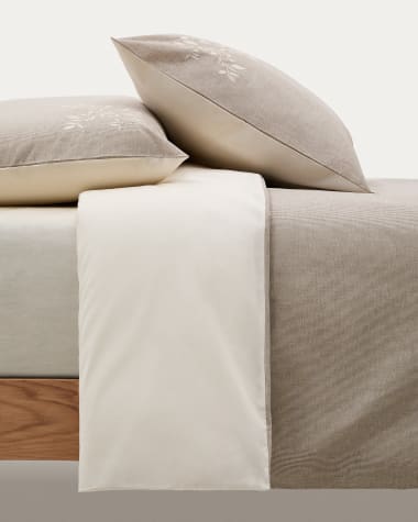 Ensemble Sotela housse de couette et taies d’oreiller à rayures avec broderie 100 % percale de coton beige lit 150 cm