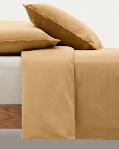 Set Sifinia van mosterdkleurige dekbedovertrek en kussensloop van 100% percale katoen met franjes bed 90 cm