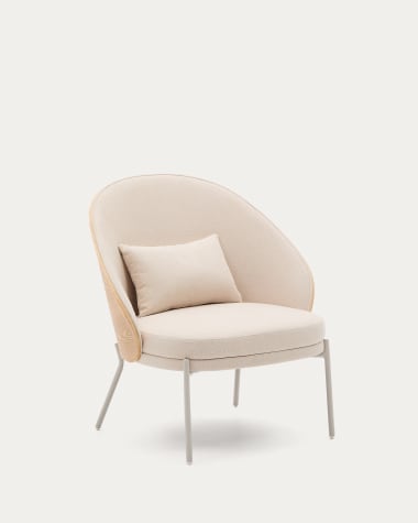 Eamy armchair in beige chenille, in a natural finish ash veneer and beige metal