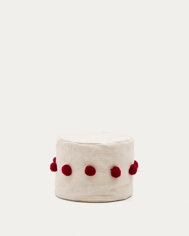 Pouf Manua en coton beige avec pompons rouges Ø 40 cm