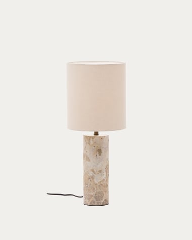 Lampe de table Raze en marbre beige et abat-jour en lin beige.