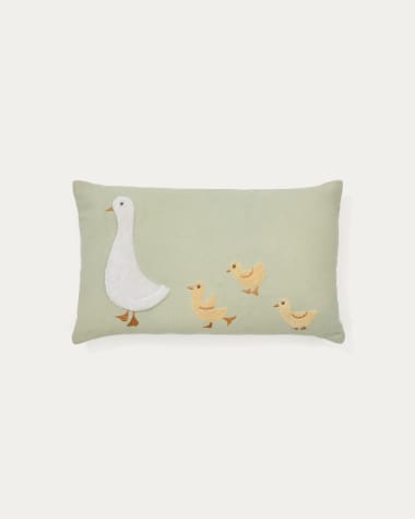 Milu cushion cover in green cotton with a goose embroidery feature, 30 x 50 cm