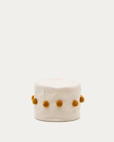 Manua beige, cotton pouffe with mustard-coloured tassels, Ø 40 cm