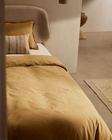 Komplet pościeli Sifinia poszwa na kołdrę i poduszkę 100% bawełna perkalowa z frędzlami w kolorze musztardowym na łóżko 90 cm
