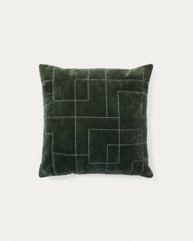 Housse de coussin Prila 100 % coton velours vert avec broderie géométrique 45 x 45 cm