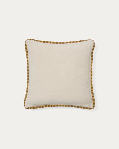 Housse de coussin Ardit lin et coton beige avec rayure contrastée brodée moutarde 45x45 cm