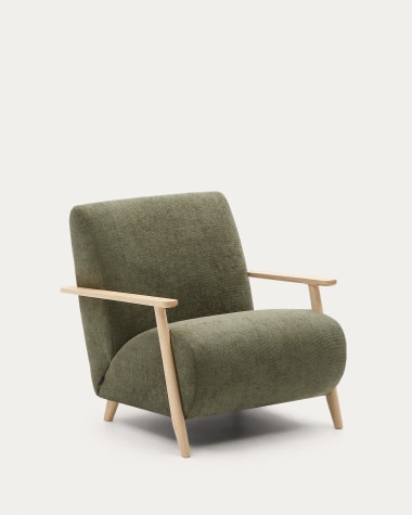 Meghan armchair in green chenille and with solid beech wood in a natural finish