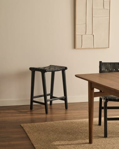 Calixta stool in leather and solid mahogany wood with black finish, 67 cm height