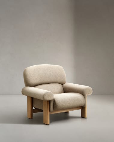 Cabana armchair in beige chenille with solid ash wood legs in a natural finish FSC 100%