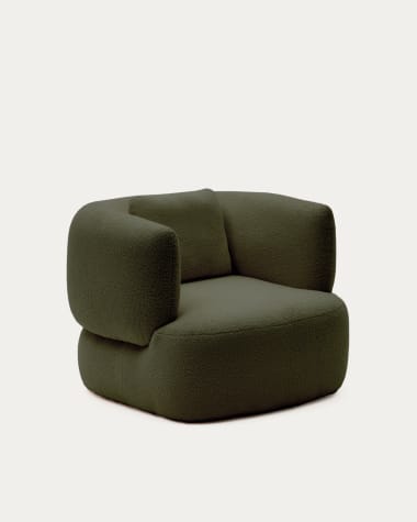 Martina armchair in dark green bouclé with cushion