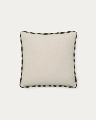 Ardit beige linen and cotton cushion cover contrasting green embroidered stripe, 45 x 45 cm