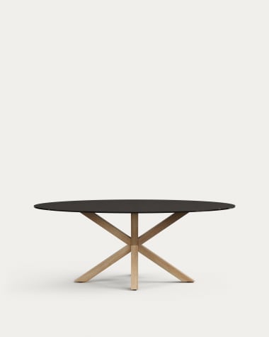 Tavolo ovale Argo di vetro nero opaco e gambe in acciaio effetto legno Ø 200 100 cm