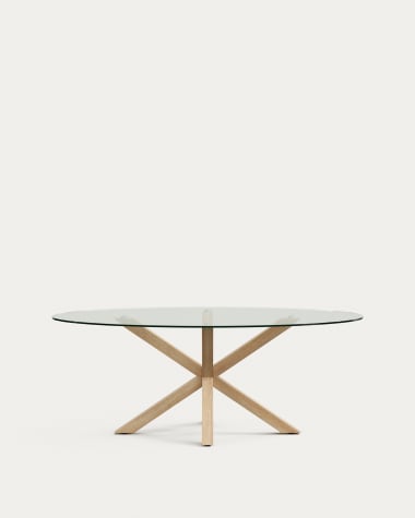 Tavolo ovale Argo di vetro e gambe in acciaio effetto legno Ø 200 x 100 cm