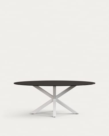 Table ovale Argo en verre noir mat et pieds en acier finition blanche Ø 200 x 100 cm