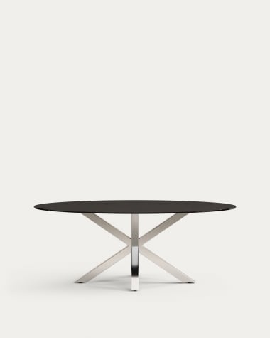 Table ovale Argo en verre noir mat et pieds en acier inoxydable Ø 200 x 100 cm