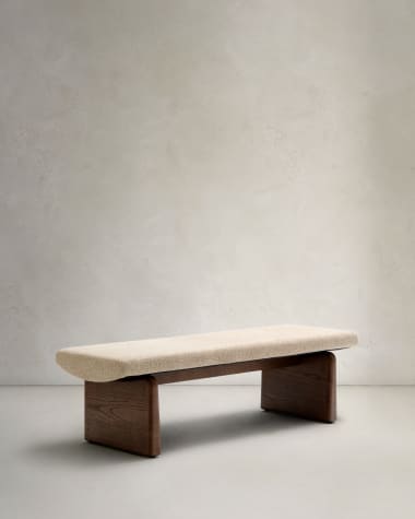 Topaz bench in beige chenille and FSC 100% solid ash wood in a walnut finish, 150 cm