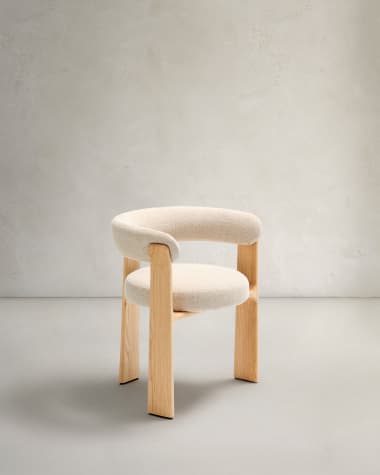 Granite 3-legged chair in beige chenille and solid ash wood in a natural finish FSC 100%