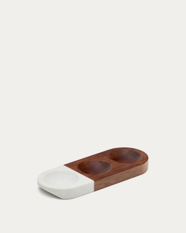 Tori serving dish for snacks made of acacia wood and white marble FSC 100%