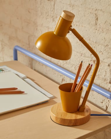 Lampe de bureau Katia en bois et métal moutarde