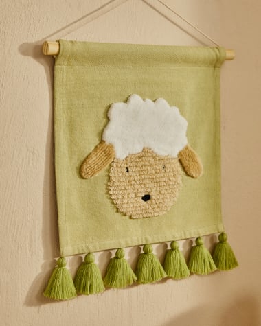 Tapis mural Milu en coton vert avec motif mouton et pompons verts