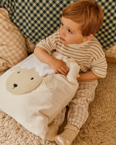 Housse de coussin Milu en coton beige motif mouton brodé 45 x 45 cm