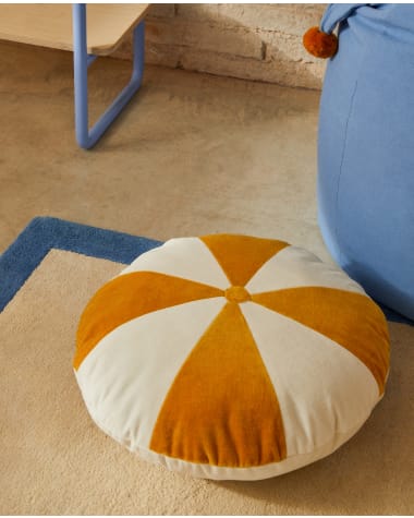 Odet white and mustard-coloured, round cotton cushion, Ø 45 cm