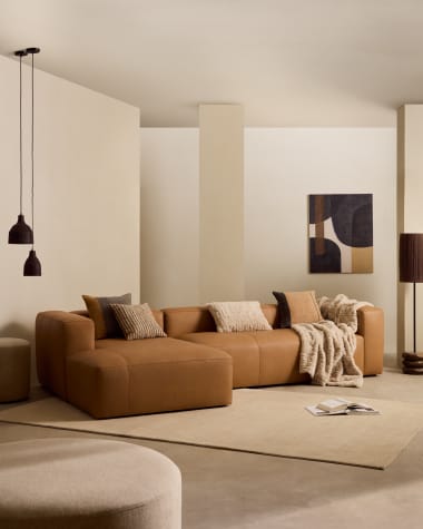 Blok brown leather 4-seater sofa, left chaise longue 330 cm