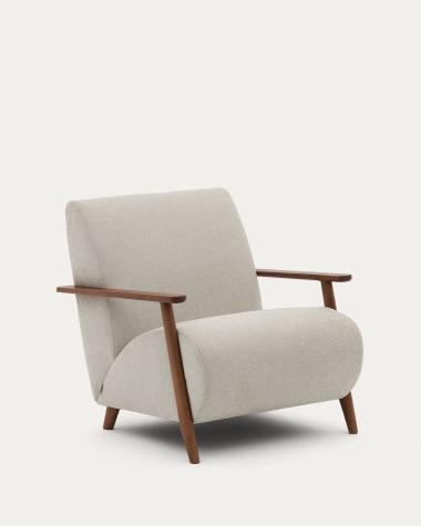 Fauteuil Meghan en chenille perle et bois massif de frêne avec finition noyer