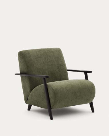 Fauteuil Meghan en tissu chenille vert et bois de frêne finition wengé