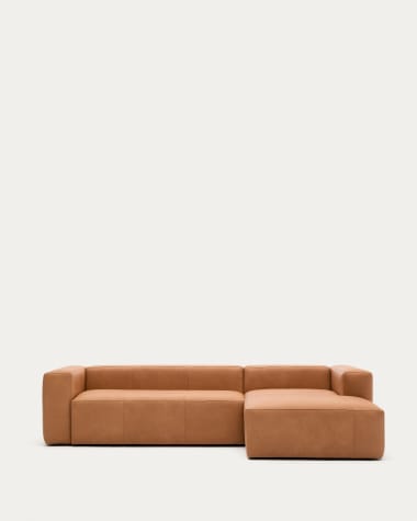 Blok brown leather 3-seater sofa, right chaise longue 300 cm