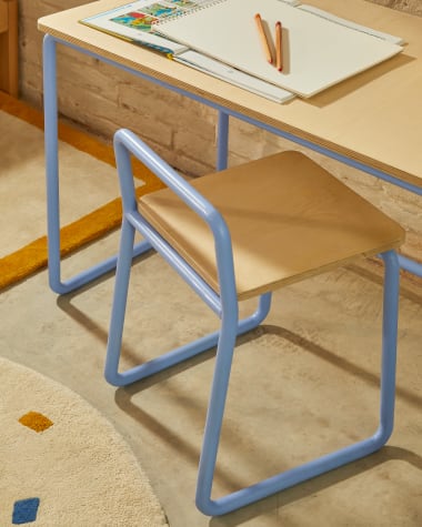 Tinn ash veneer chair with a blue metal structure