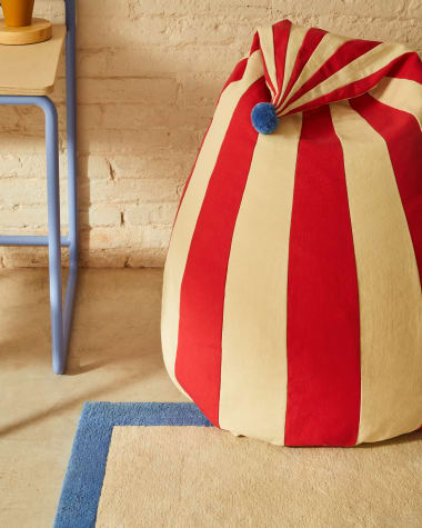 Olvi red and beige, cotton pouffe with blue tassel, Ø 60 cm