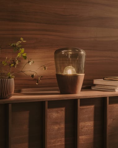 Silex table lamp made of walnut veneer and green glass