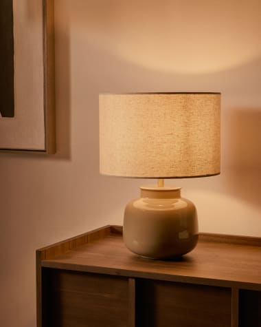 Lampe de table Tay en céramique verte et lin beige