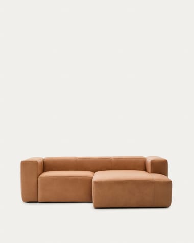 Blok brown leather 2-seater sofa, right chaise longue 240 cm