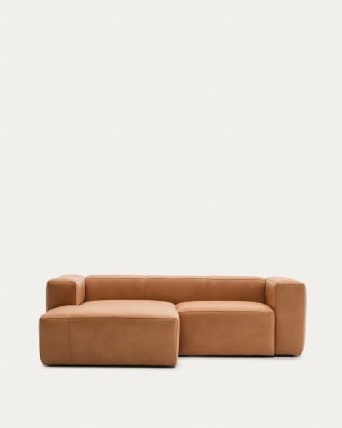 Divano Blok in pelle marrone a 2 posti con chaise longue a sinistra 240 cm