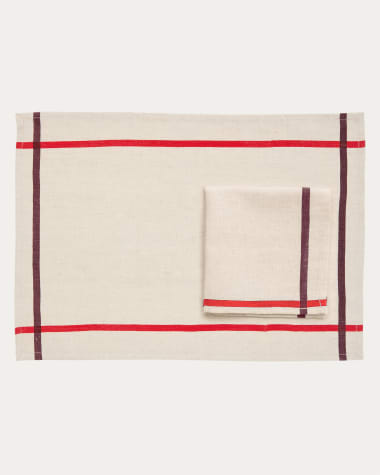 Delma set of table mat and linen and cotton napkin with red detail