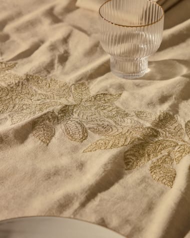 Tischdecke Oreti Baumwolle und Leinen beige Kakao-Stickerei aus goldfarbenem Lurex 150x250cm