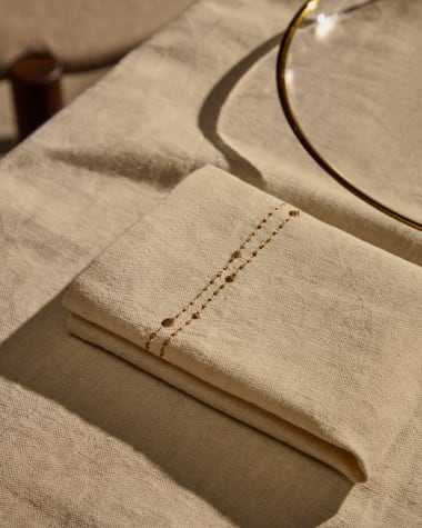 Flia set of 2 white linen and cotton napkins with gold-coloured lurex embroidered detail